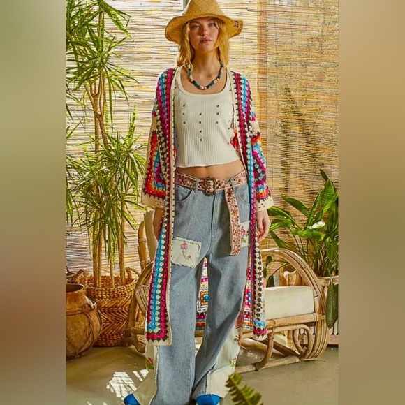 POL Colorful Crochet Cardigan 70s Hippie Boho - Picture 2 of 8